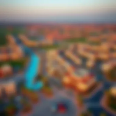 Aerial Perspective of Akoya Damac Hills Aerial view of the Akoya Damac Hills community, highlighting its unique layout and architectural design