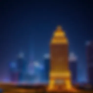 Night view of the Al Mamzar Building illuminated against the Dubai skyline