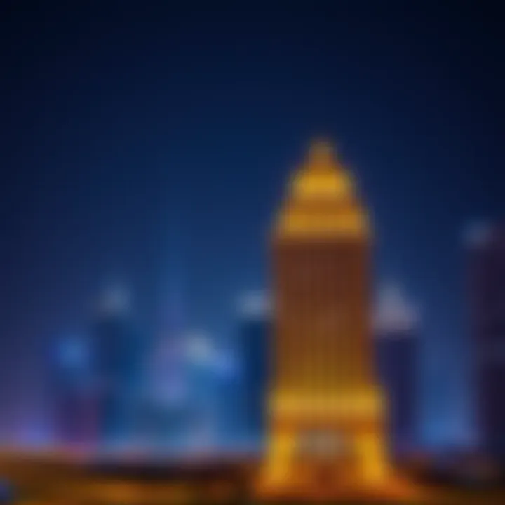 Night view of the Al Mamzar Building illuminated against the Dubai skyline