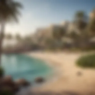 Lush Coastal Landscape of Al Souf Beach The lush coastal landscape of Al Souf Beach, highlighting the blend of natural flora and urban architecture.