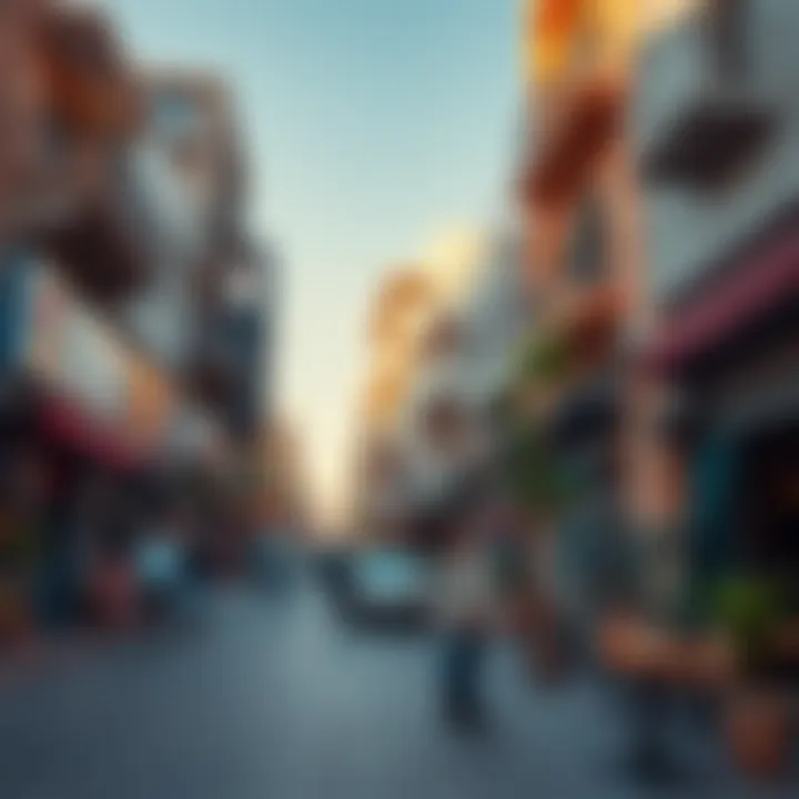 Vibrant street scene in Al Warsan featuring local shops and cafes