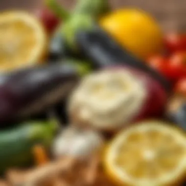 Fresh Ingredients for Baba Ghanouj A close-up view of fresh ingredients used in baba ghanouj, including eggplant, tahini, garlic, and lemon.