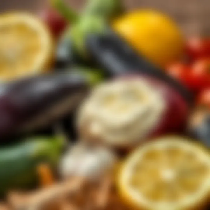 Fresh Ingredients for Baba Ghanouj A close-up view of fresh ingredients used in baba ghanouj, including eggplant, tahini, garlic, and lemon.