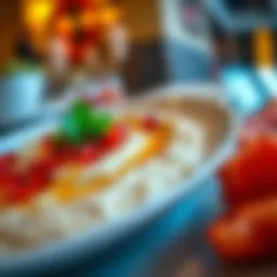 A beautifully plated dish of baba ghanouj with a garnish of parsley and pomegranate seeds.