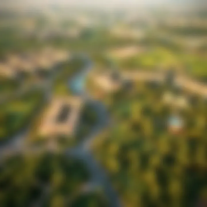Aerial view of Damac Hills showcasing lush greenery and community layout