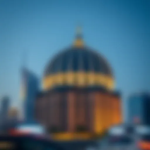 A stunning view of the Dome Tower showcasing its unique architectural design against the Dubai skyline.