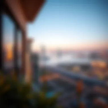 Breathtaking Skyline View from Dune Residence Panoramic view from a balcony of Dune Residence highlighting Dubai's skyline and vibrant surroundings.