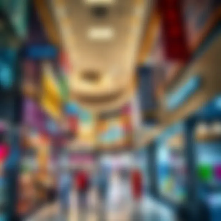 Vibrant shopping scene inside Al Mulla Plaza with various stores.