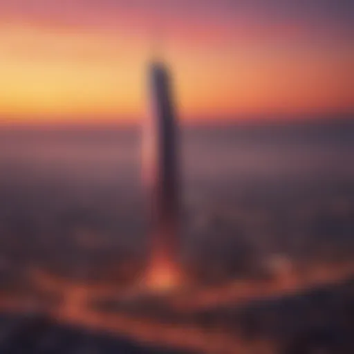 Aerial view of Al Safa Tower at sunset, showcasing its striking silhouette against the colorful sky.