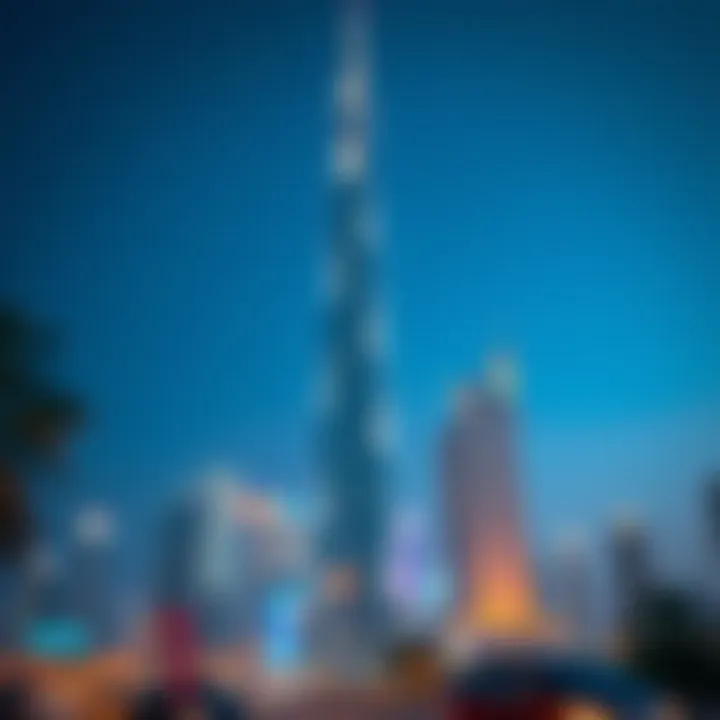 Night view of Al Saqran Tower illuminating the Dubai skyline