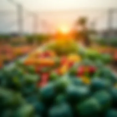 A thriving desert farm showcasing the bounty of organic produce