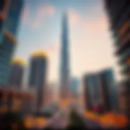 Stunning view of the Burj Khalifa surrounded by contemporary architecture