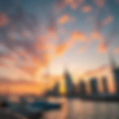 Stunning sunset over the waterfront, highlighting the vibrant atmosphere of Dubai Harbour