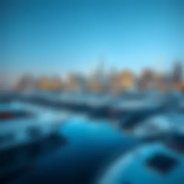 Luxurious yachts docked at the marina with the skyline in the background
