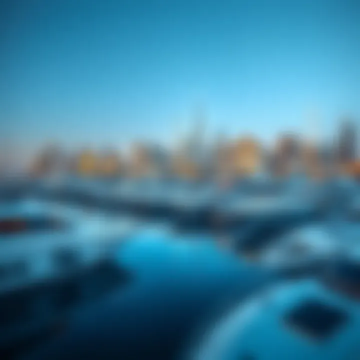Luxurious yachts docked at the marina with the skyline in the background