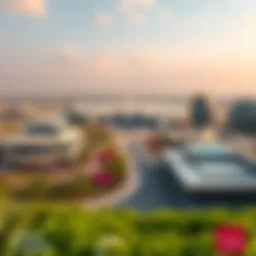 A panoramic view of Dubai Land showcasing its modern architecture and lush greenery