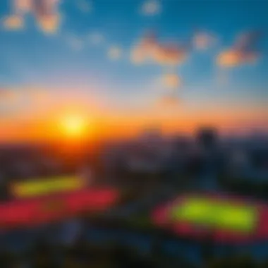 Panoramic sunset view over Dubai Sports City with sports fields