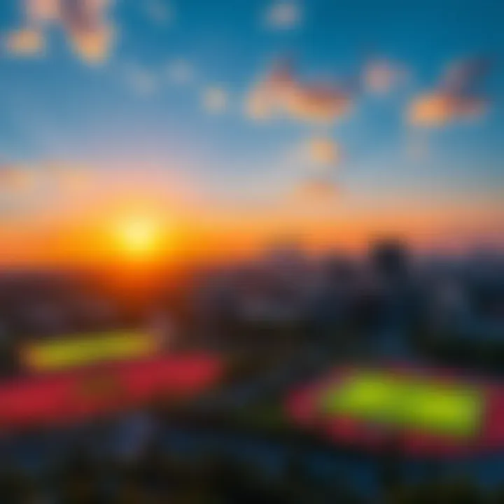 Panoramic sunset view over Dubai Sports City with sports fields