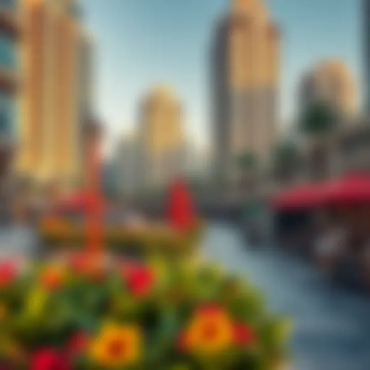 Vibrant lifestyle scene at Jumeirah Lake Towers with parks and cafes