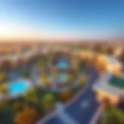 A panoramic view of Jumeirah Village Circle showcasing its modern architecture and greenery