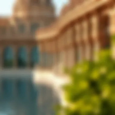 Close-up of the intricate architectural details of Lake Palace Tecom