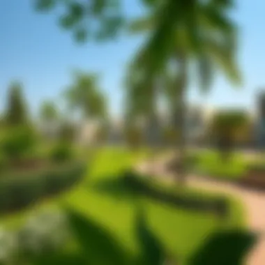 Serene community park with lush greenery and walking paths