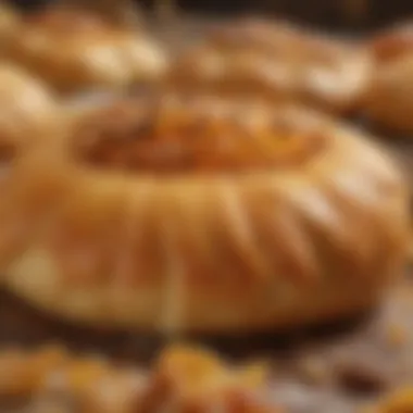 A close-up of a freshly baked Mamaesh pastry, illustrating its flaky texture and golden hue.