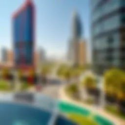 A panoramic view of Motorcity showcasing its modern architecture and green spaces.