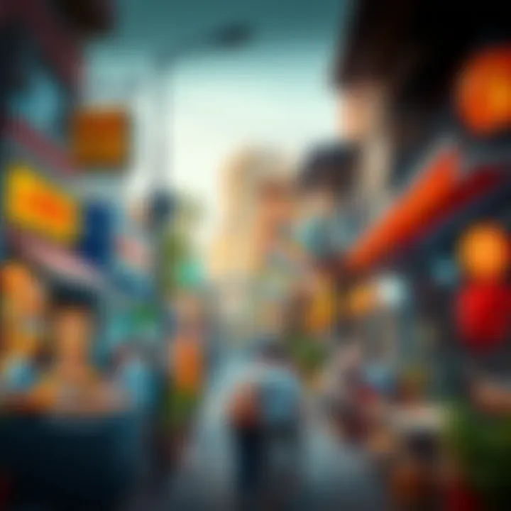 A vibrant street view showcasing various restaurants in Muhaisnah