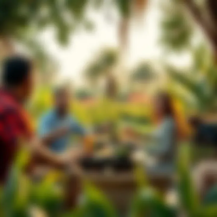Group enjoying a picnic-style meal in a lush setting