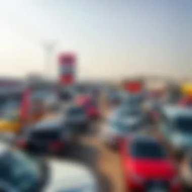 Panoramic View of Ras Al Khor Car Market A panoramic view of the Ras Al Khor car market showcasing a variety of vehicles.