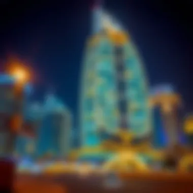 Night view of Safa Building illuminated, reflecting its prominence in Dubai