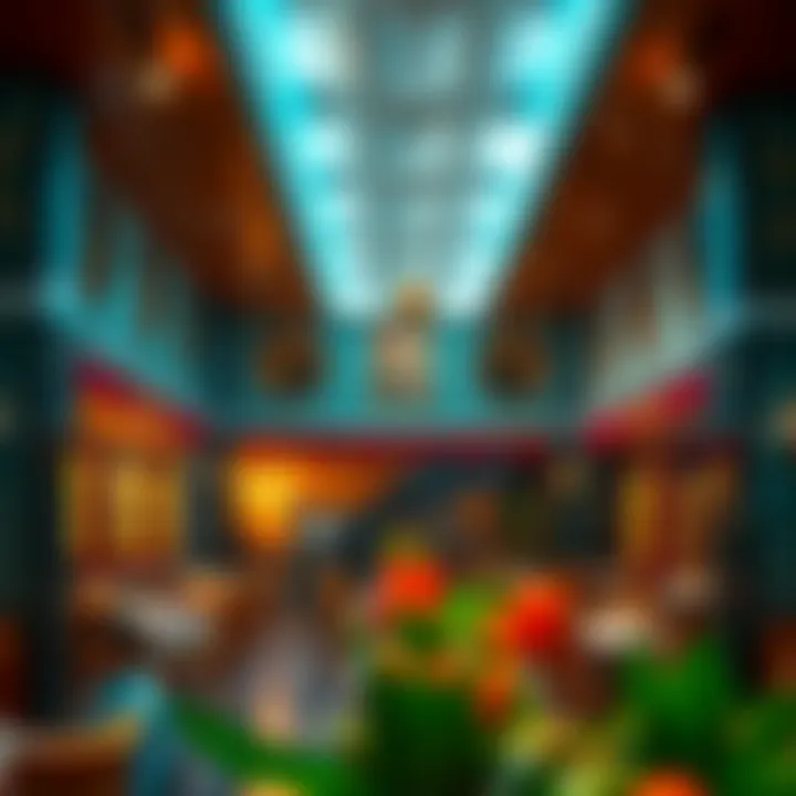 The vibrant interior design of Saravana Bhavan reflecting South Indian culture.