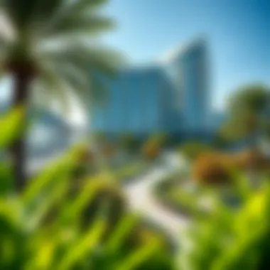 Lush green spaces surrounding the building