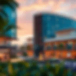 A panoramic view of the community center in Damac Hills 2 showcasing its modern architecture
