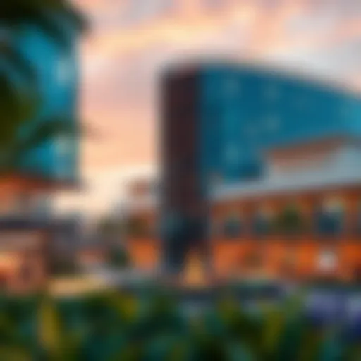 A panoramic view of the community center in Damac Hills 2 showcasing its modern architecture