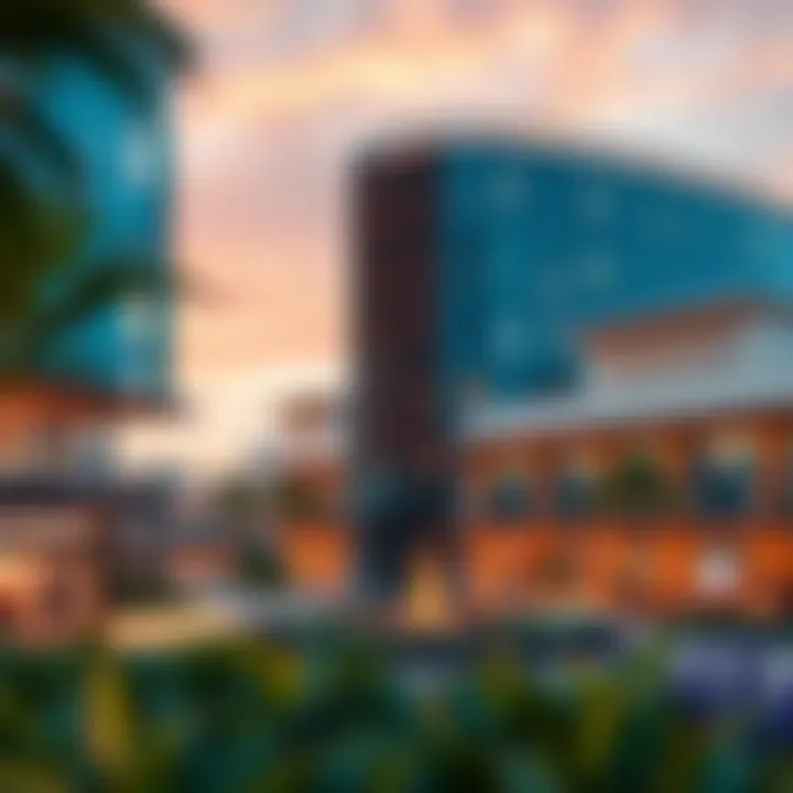 A panoramic view of the community center in Damac Hills 2 showcasing its modern architecture