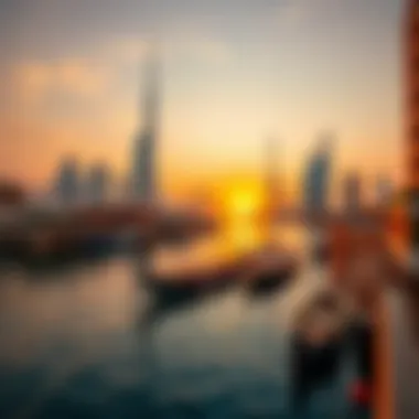 Scenic view of Dubai Creek at sunset, reflecting the city's skyline