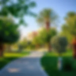 A serene park in The Greens featuring lush greenery and walking paths