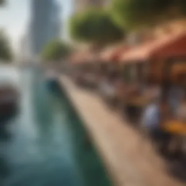 Lively Waterfront Atmosphere A vibrant waterfront scene in JLT with cafes and pedestrians enjoying the outdoors