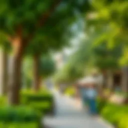 Scenic view of Khawaneej Walk showcasing lush greenery and modern architecture