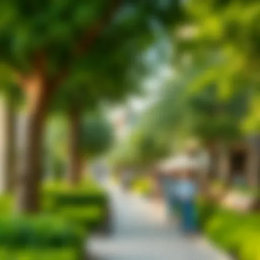 Scenic view of Khawaneej Walk showcasing lush greenery and modern architecture