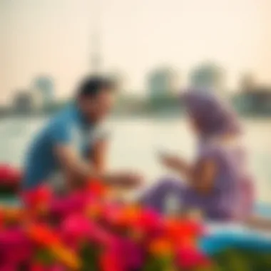 Family picnicking by the lakeside with vibrant flowers in bloom