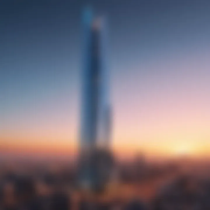 A panoramic view of the Crystal Blue Tower against a sunset backdrop