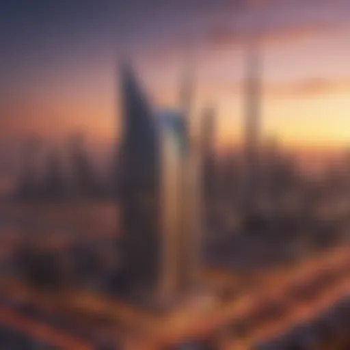 A stunning view of the Noora Building against the Dubai skyline during sunset