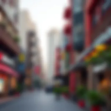 A picturesque street lined with shops and cafes in a bustling Dubai area