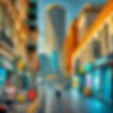 A bustling city street showcasing diverse architectural styles