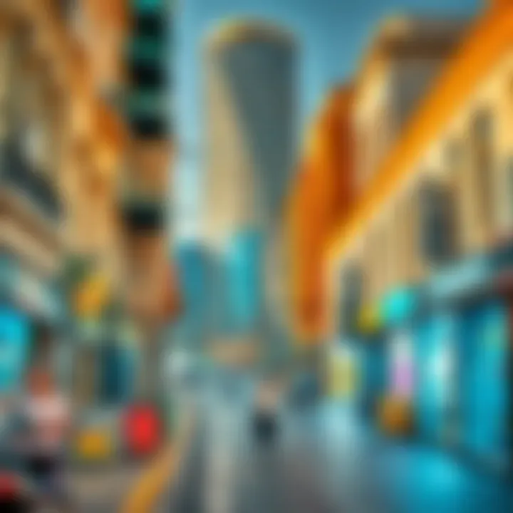 Diverse Architectural Styles in Urban Settings A bustling city street showcasing diverse architectural styles