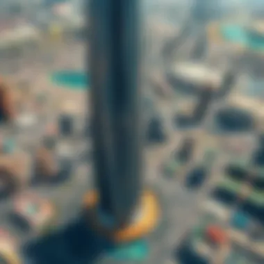 An aerial perspective of Sky Tower Dubai surrounded by the bustling urban landscape, illustrating its prominence in the city.