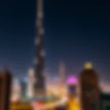 A breathtaking view of Sky Tower Dubai illuminated at night, showcasing its striking silhouette against the city skyline.